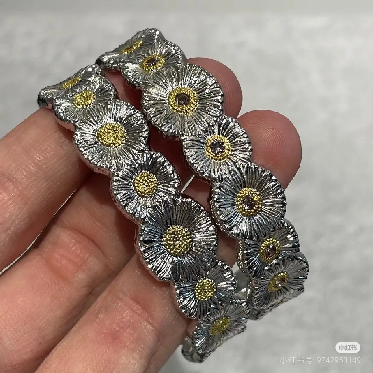 Silver and Gold Daisy Motif Open Cuff Bracelet 5