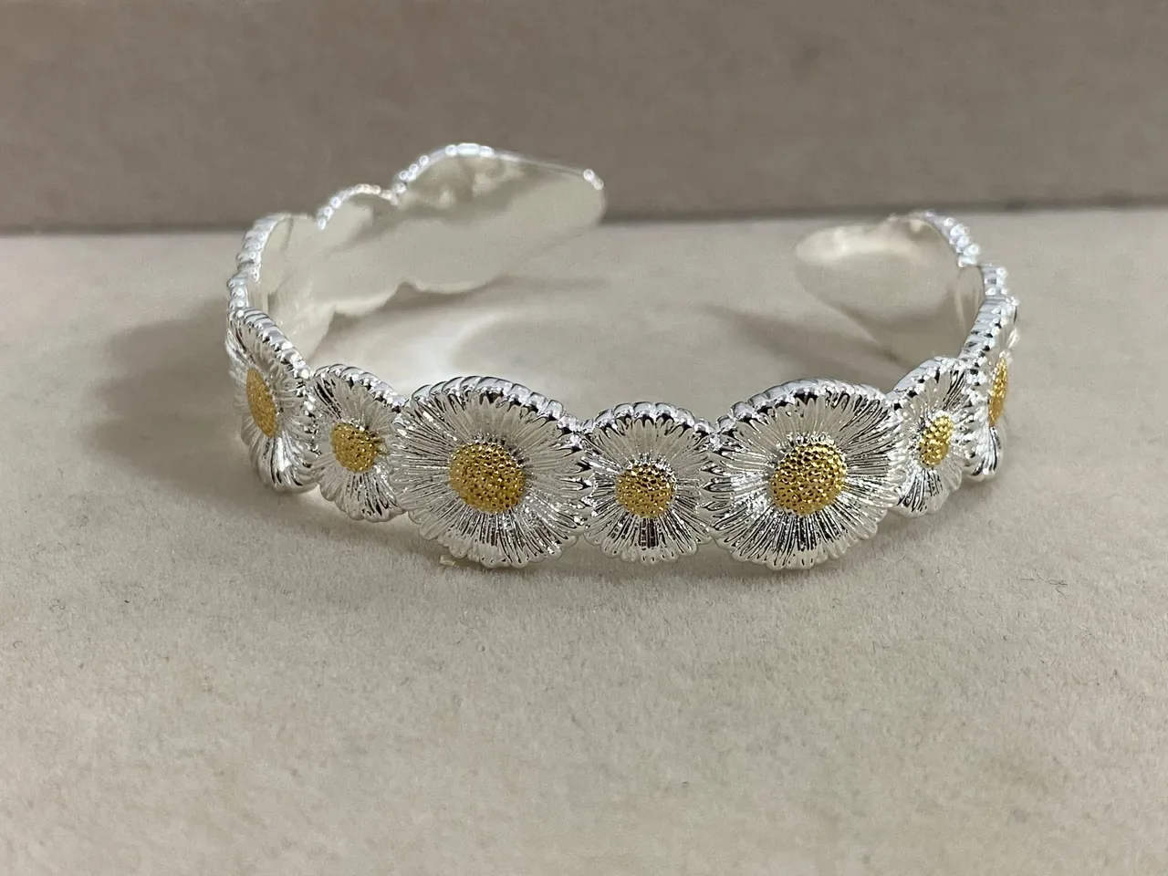 Silver and Gold Daisy Motif Open Cuff Bracelet 7