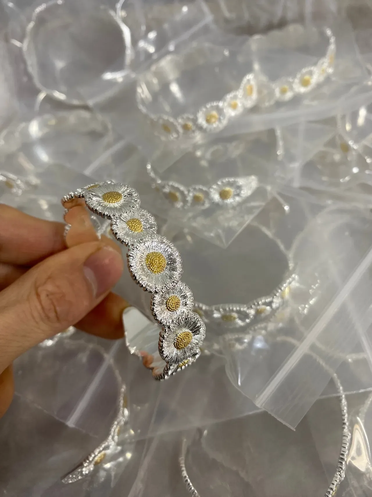 Silver and Gold Daisy Motif Open Cuff Bracelet 8