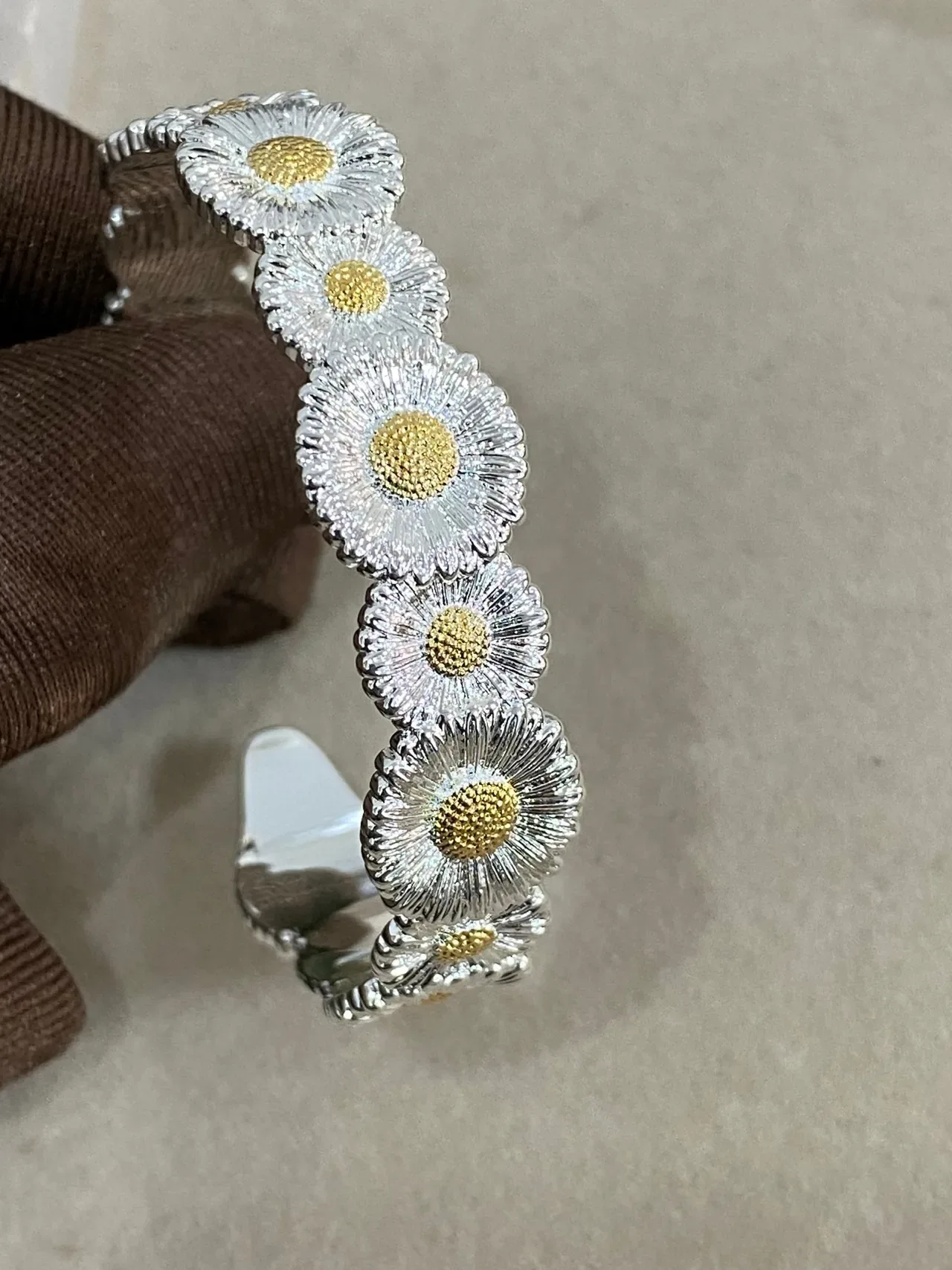 Silver and Gold Daisy Motif Open Cuff Bracelet 9