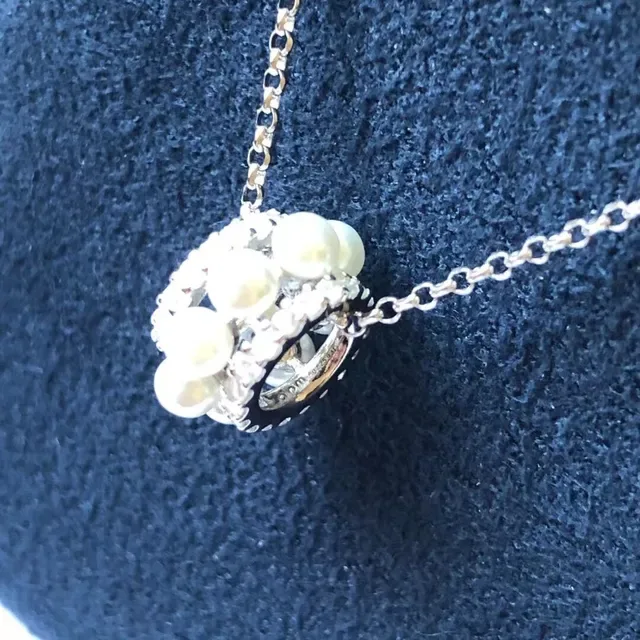 Silver Beige Pearl Cluster Pendant Pavé Crystal Halo Necklace 2