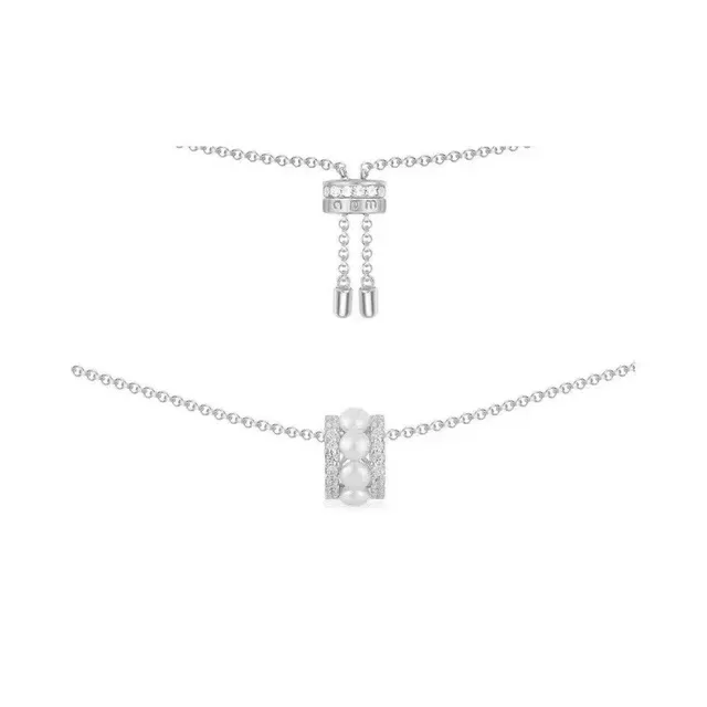 Silver Beige Pearl Cluster Pendant Pavé Crystal Halo Necklace 6