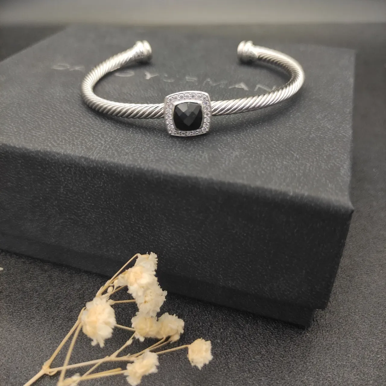 Silver Black Cable-Twist Band Square Cushion-Cut Center Stone Bracelet 3