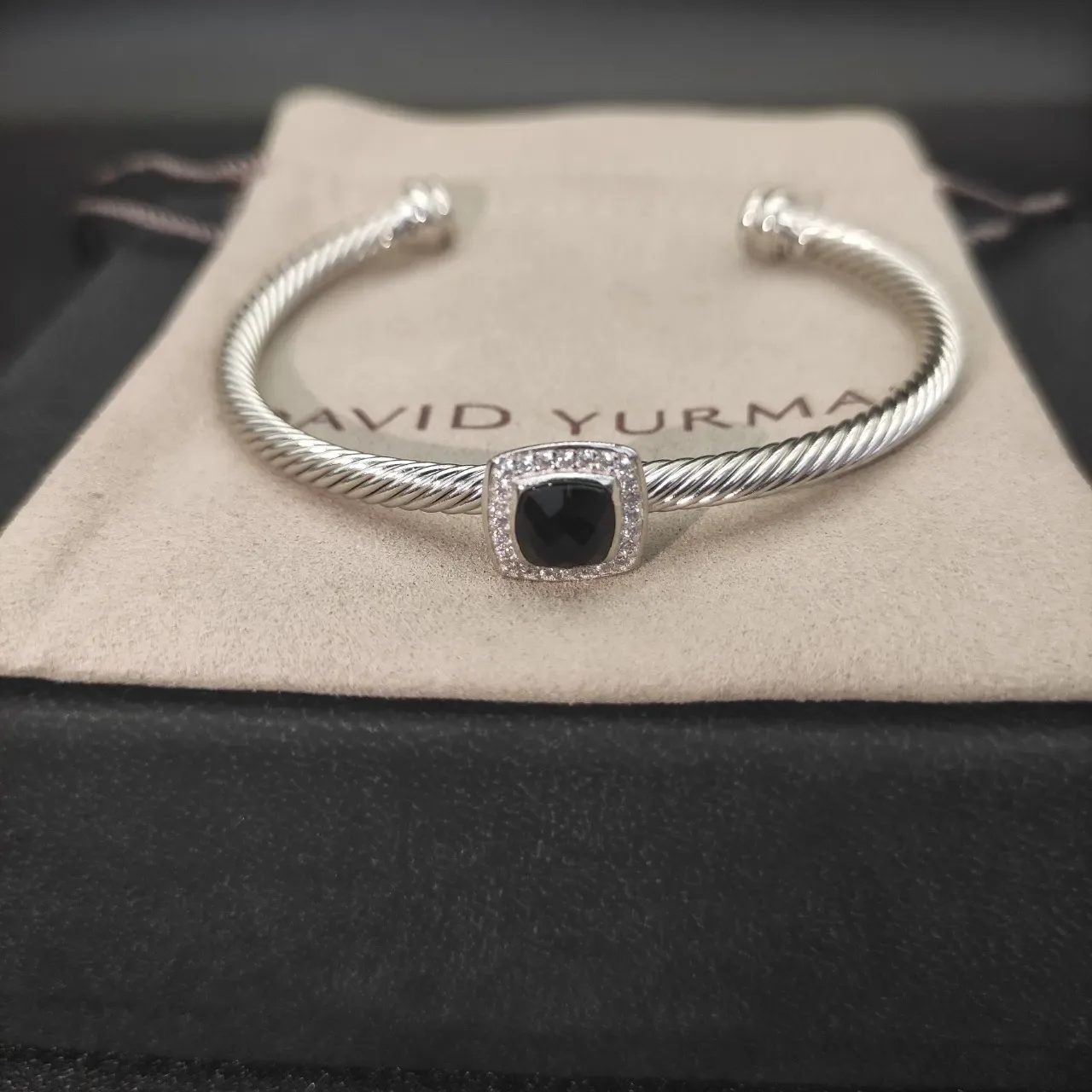 Silver Black Cable-Twist Band Square Cushion-Cut Center Stone Bracelet 5