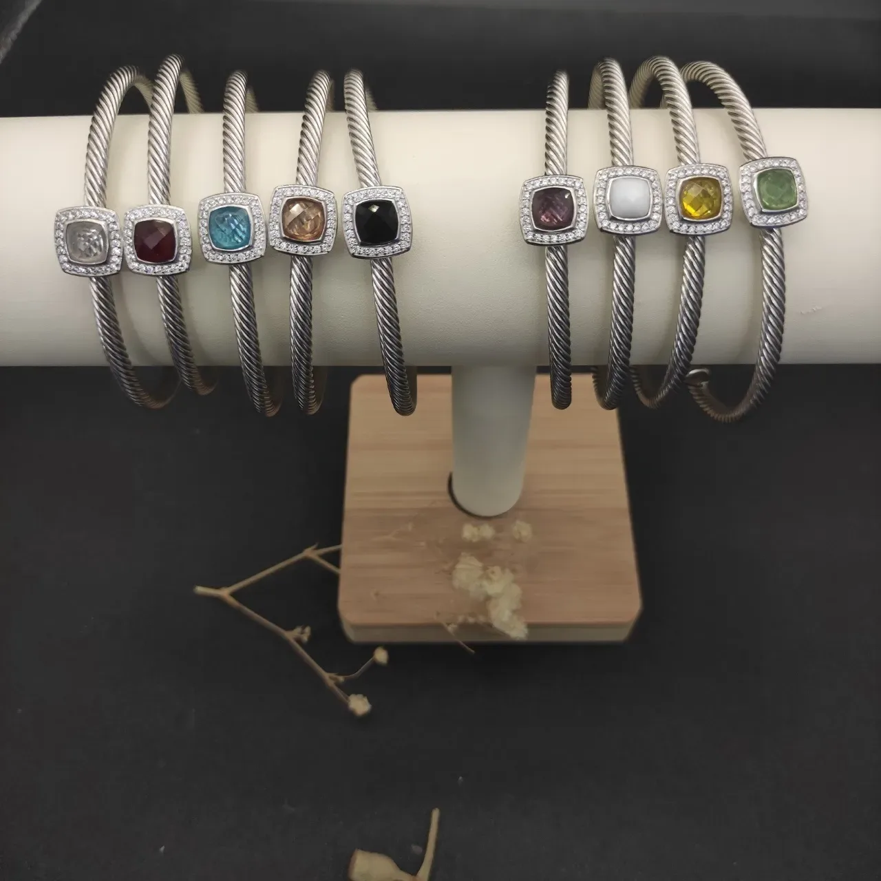 Silver Black Cable-Twist Band Square Cushion-Cut Center Stone Bracelet 7
