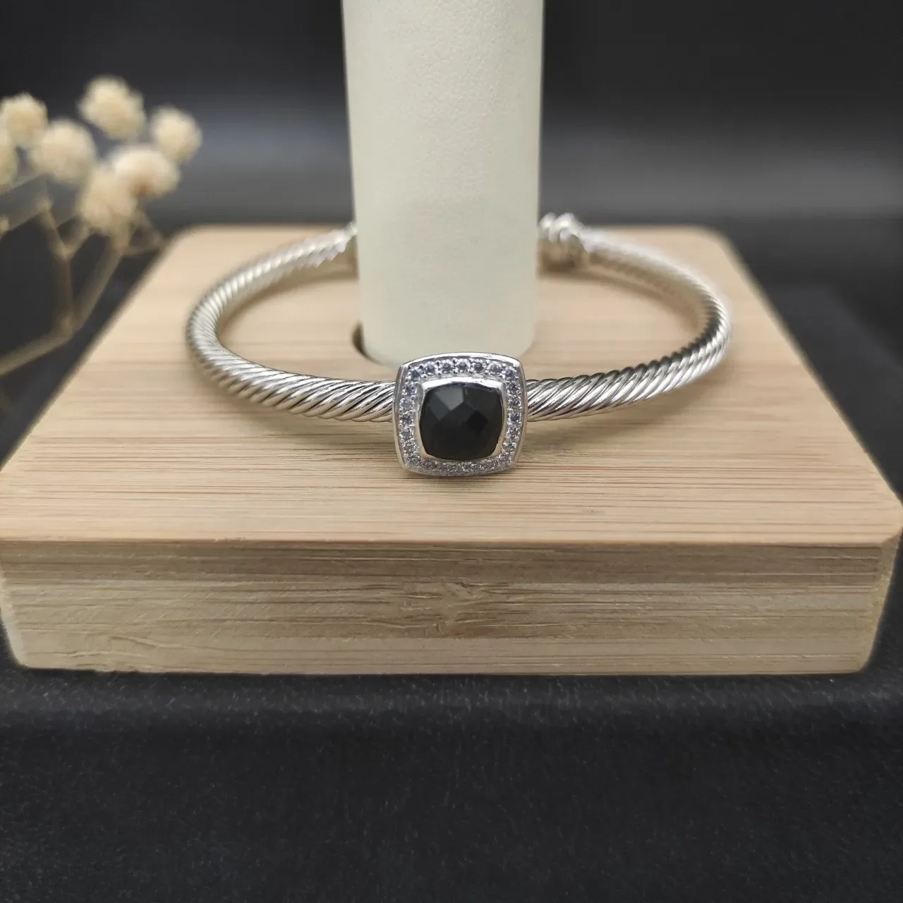 Silver Black Cable-Twist Band Square Cushion-Cut Center Stone Bracelet 8