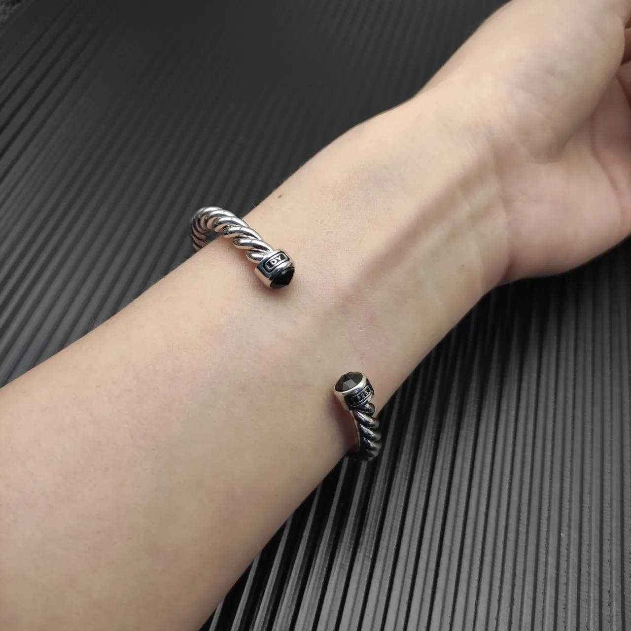 Silver Black Twisted Cable Polished Metal Bracelet 3