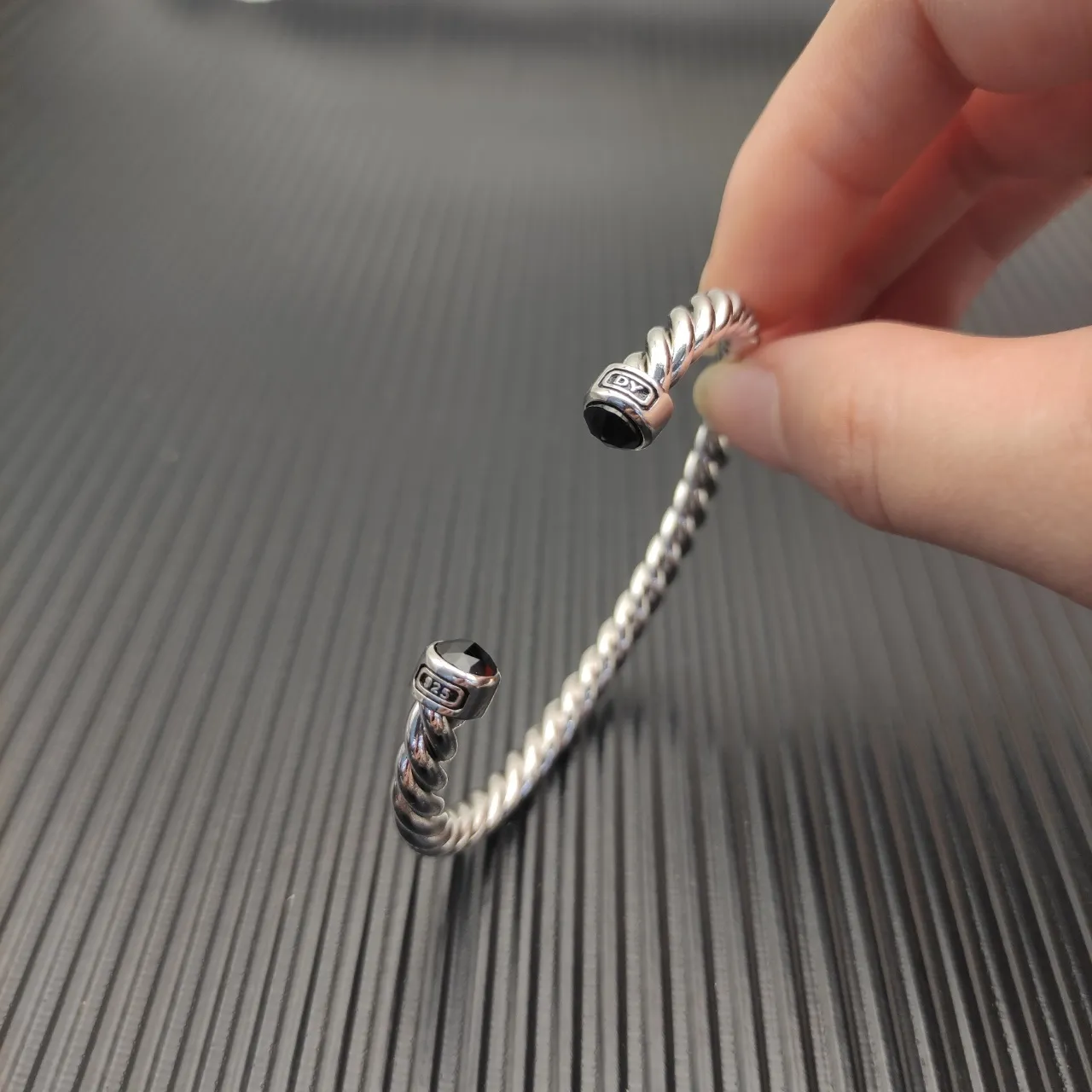 Silver Black Twisted Cable Polished Metal Bracelet 4