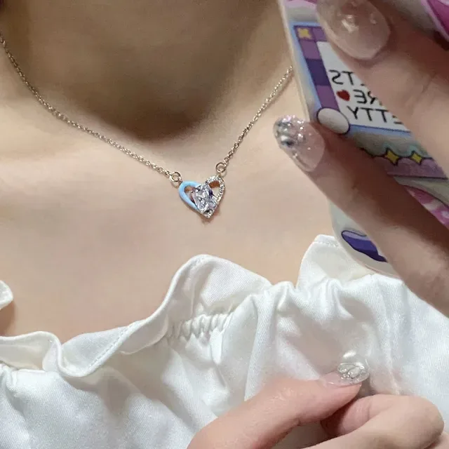 Silver Blue Heart-Shaped Pendant Double-Layer Motif Necklace 2