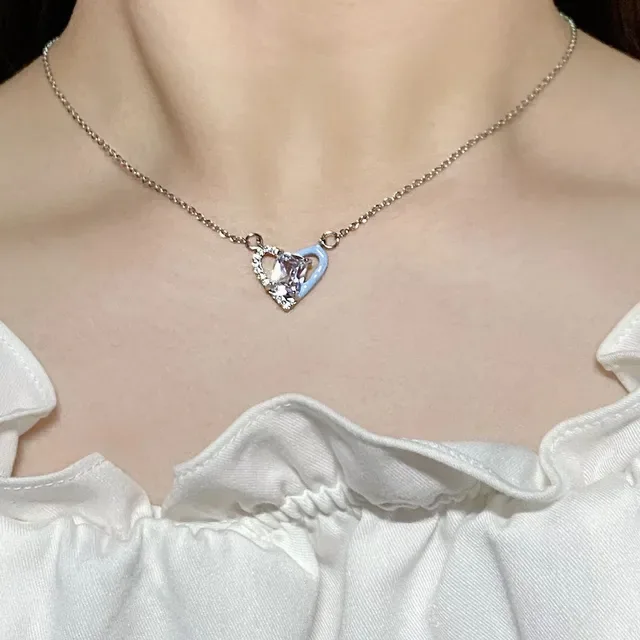 Silver Blue Heart-Shaped Pendant Double-Layer Motif Necklace 3