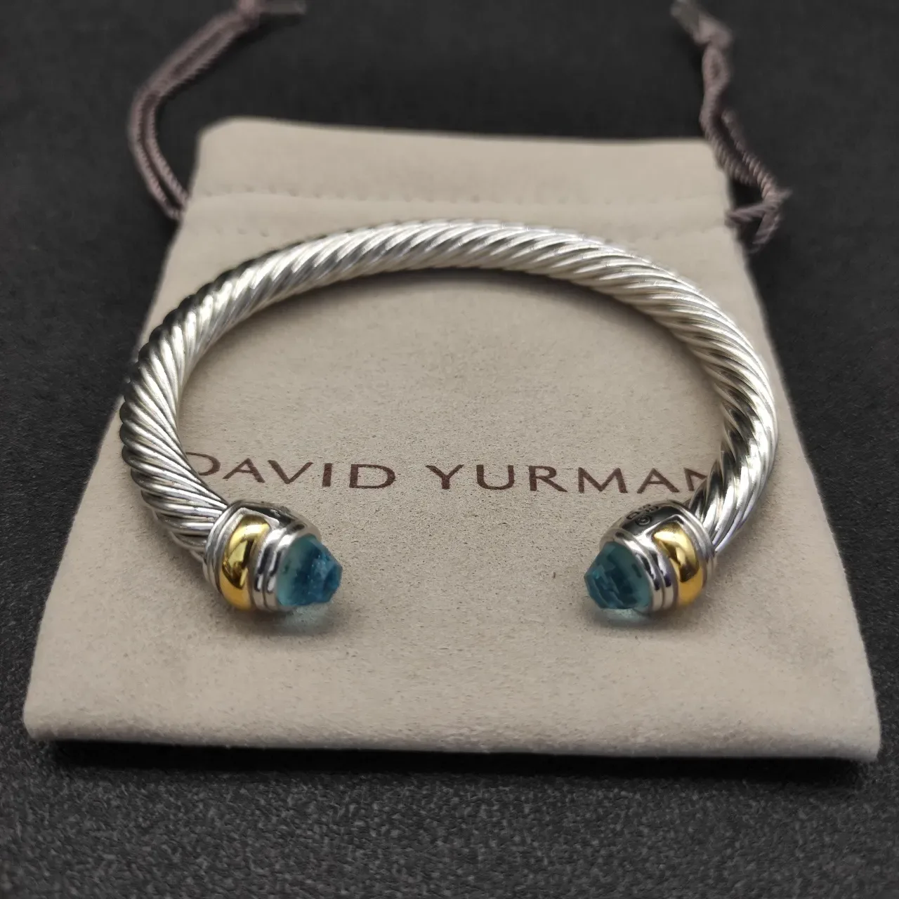 Silver Blue Twisted Cable Faceted Stone Ends Bracelet 7