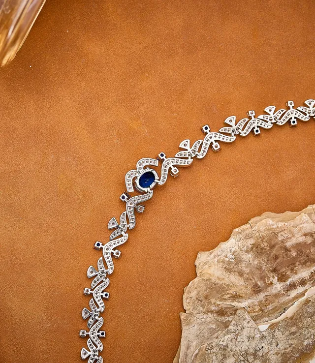 Silver Blue Wave-Motif Pavé-Set Necklace 2