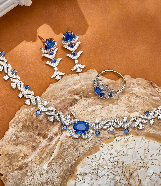 Silver Blue Wave-Motif Pavé-Set Necklace 5