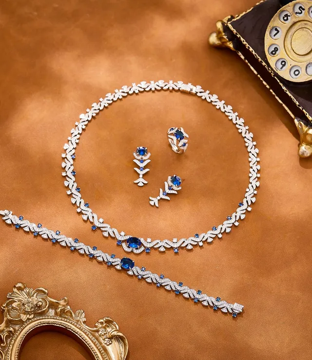 Silver Blue Wave-Motif Pavé-Set Necklace 6