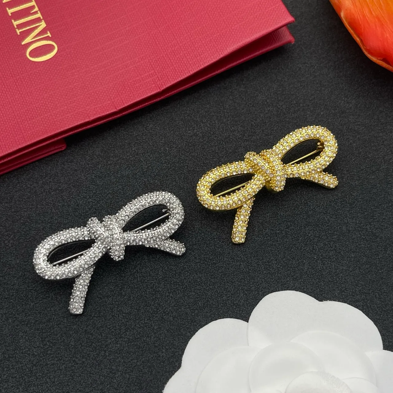 Silver Bow-Shaped Pavé-Crystal Brooch 2