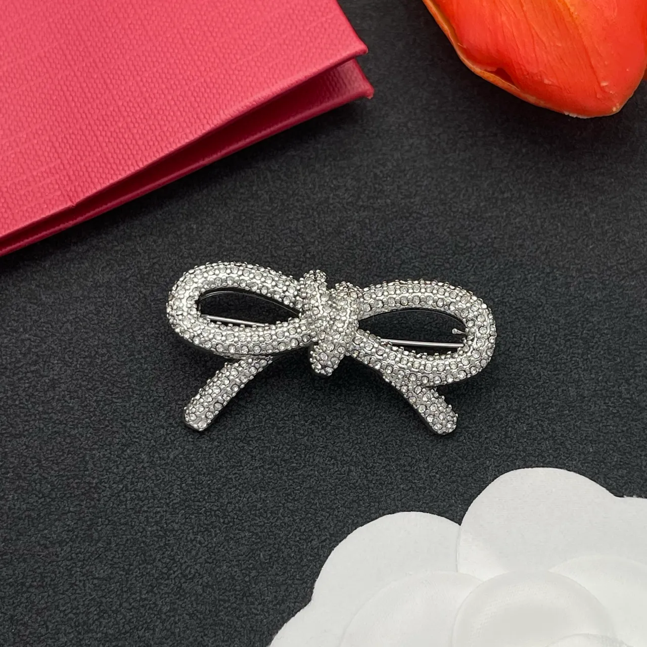 Silver Bow-Shaped Pavé-Crystal Brooch 7