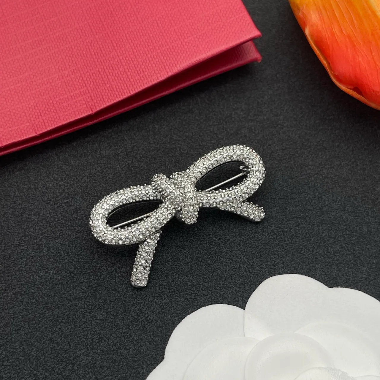 Silver Bow-Shaped Pavé-Crystal Brooch 8