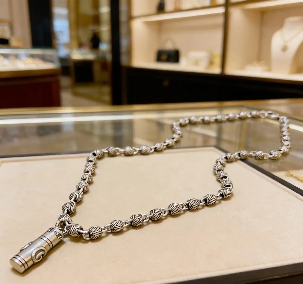 Silver Braided Link Chain Cylindrical Pendant Necklace 9