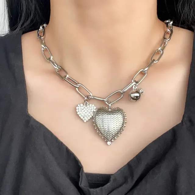 Silver Chunky Link Chain Heart-Shaped Charms Necklace 3