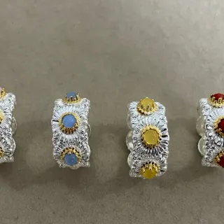 Silver Gold Floral Motif Cabochon-Set Ring