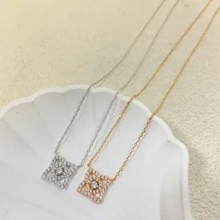 Silver Gold Geometric Square Pendant Pavé-Set Stones Necklace