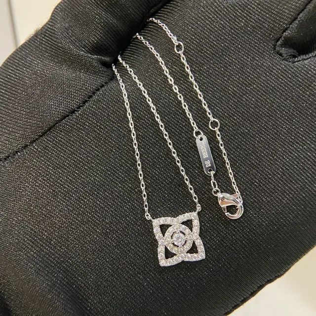 Silver Gold Geometric Square Pendant Pavé-Set Stones Necklace 3
