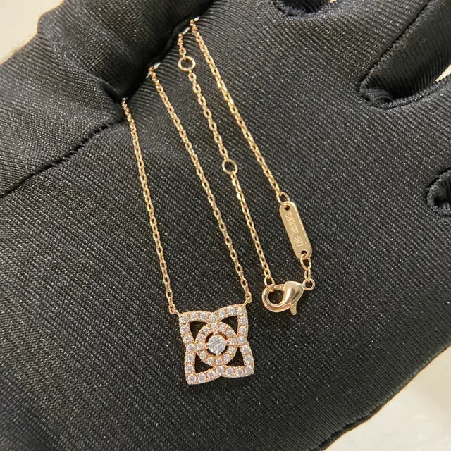 Silver Gold Geometric Square Pendant Pavé-Set Stones Necklace 4