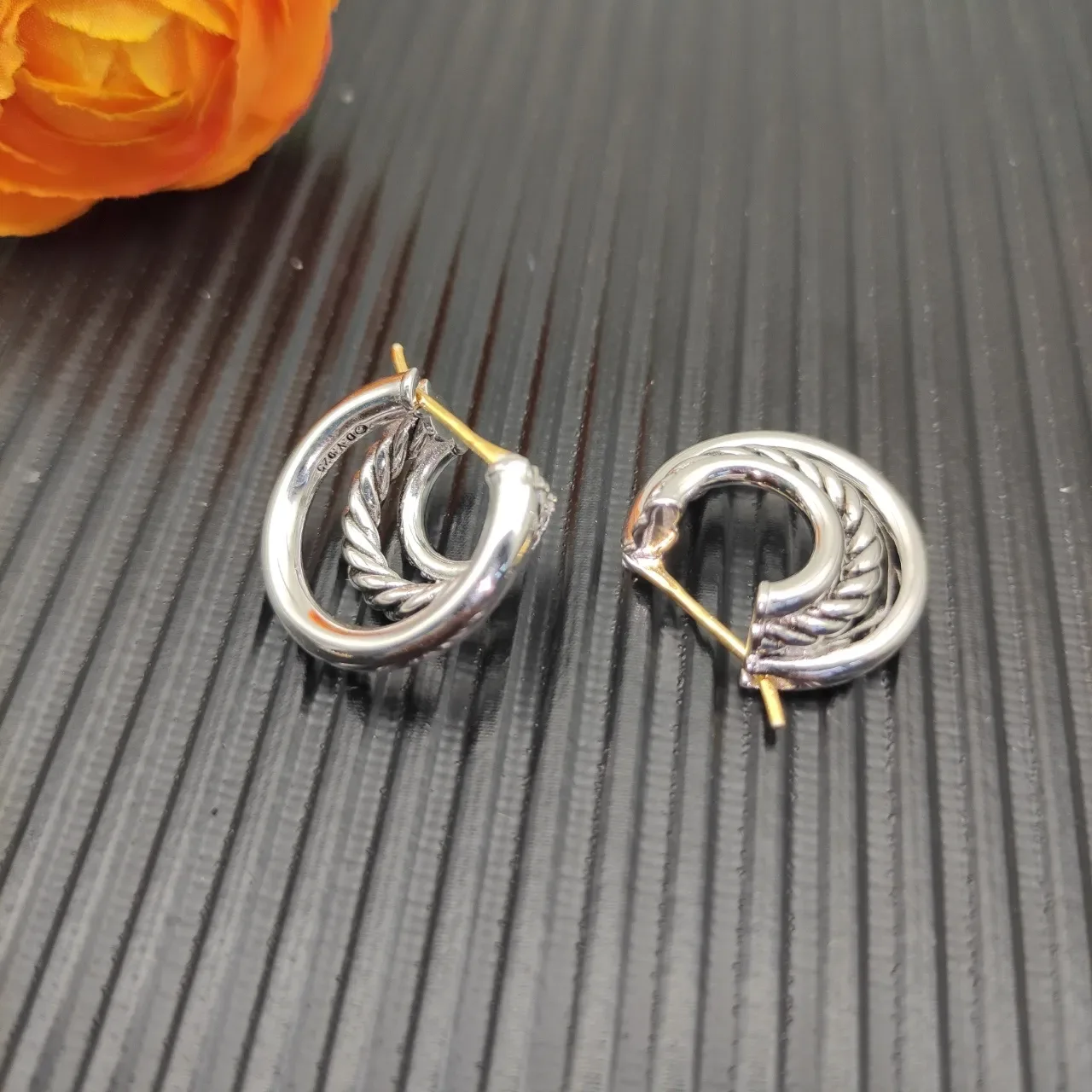 Silver Gold Layered Twisted Rope Band Smooth Outer Hoop Jewelry 5