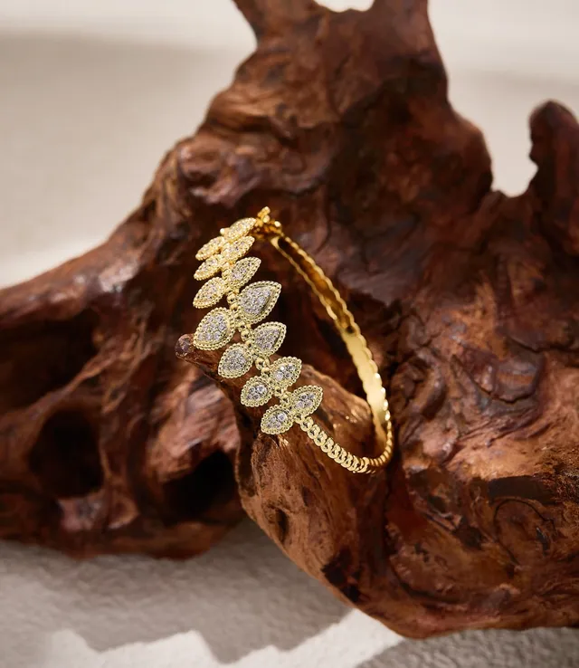 Silver Gold Leaf-Motif Pavé Open Bangle Bracelet 3