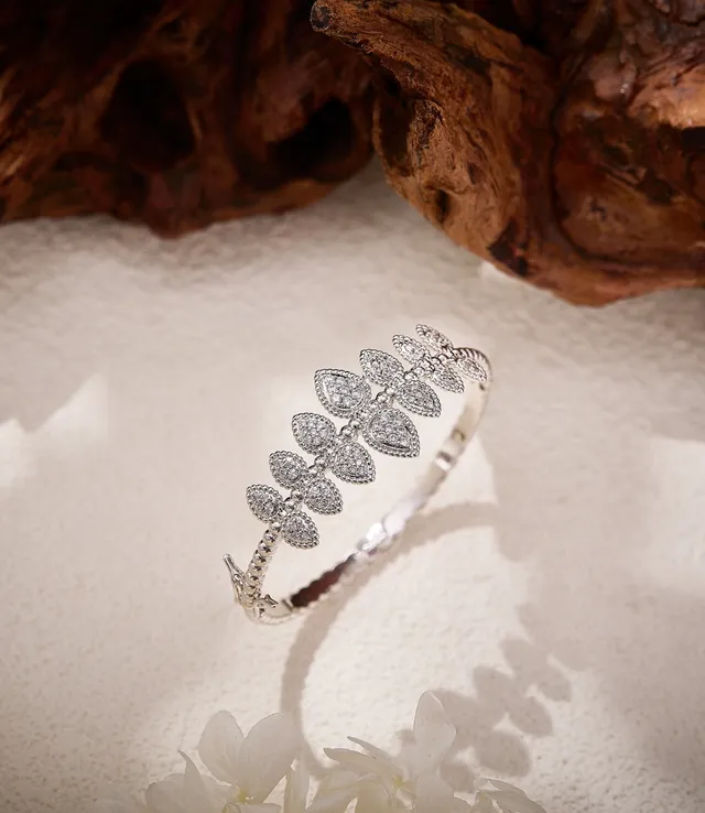 Silver Gold Leaf-Motif Pavé Open Bangle Bracelet 4