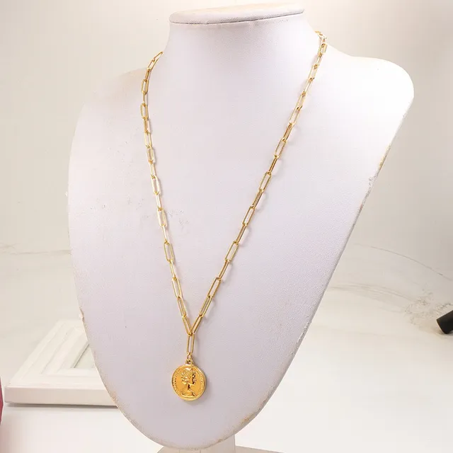 Silver Gold Rose Gold Coin Pendant Paperclip Chain Necklaces 2