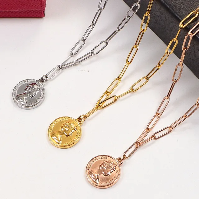 Silver Gold Rose Gold Coin Pendant Paperclip Chain Necklaces 7