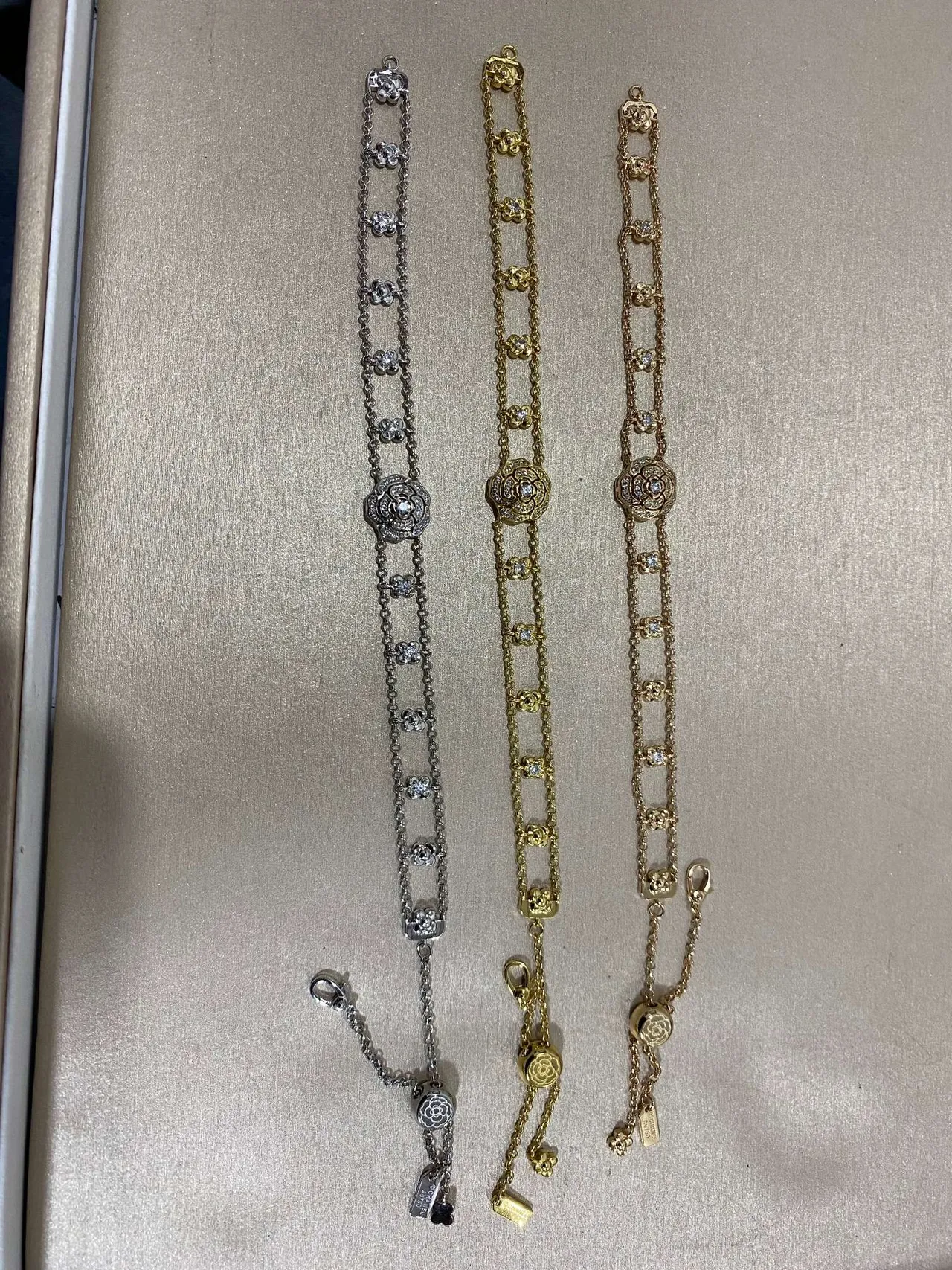 Prata Ouro Ouro Rosa Floral Corrente Dupla Pavé Rosa Braceletes 5