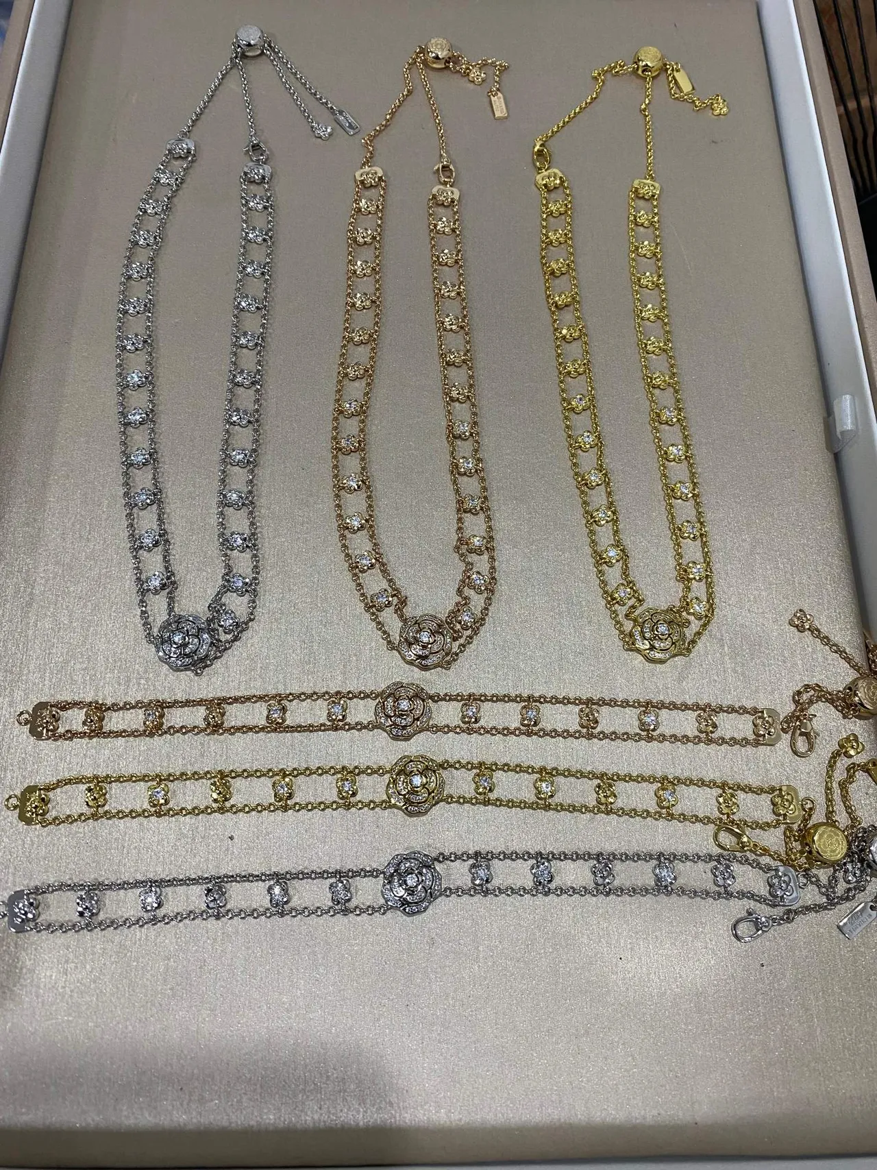Prata Ouro Ouro Rosa Floral Corrente Dupla Pavé Rosa Braceletes 6