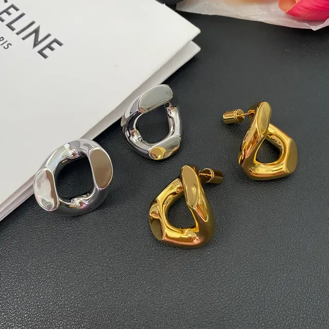 Silver Gold Sculpted Asymmetrical Hoop Polished Metallic Jewelry 8