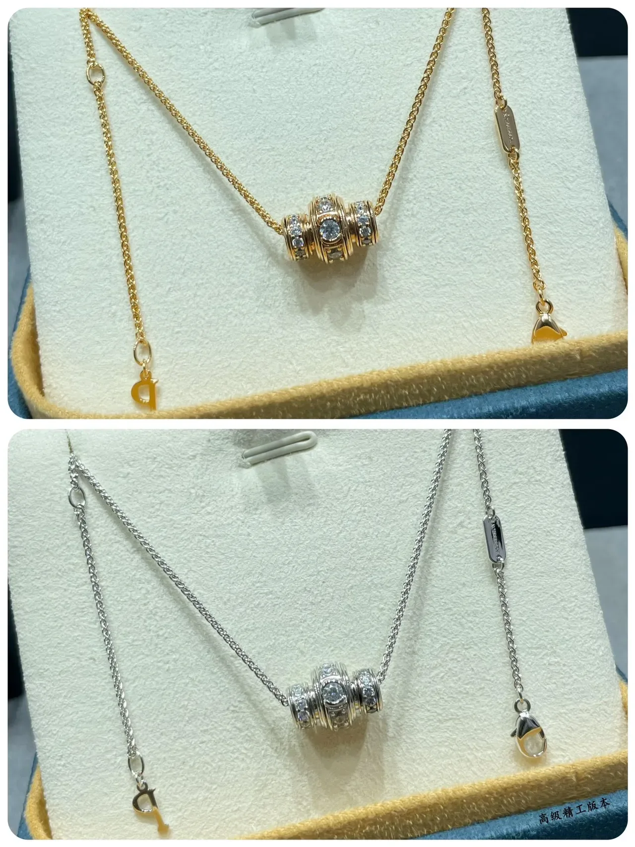 Silver Gold Stacked Cylindrical Pendant Pavé-Set Clear Stones Necklace 4