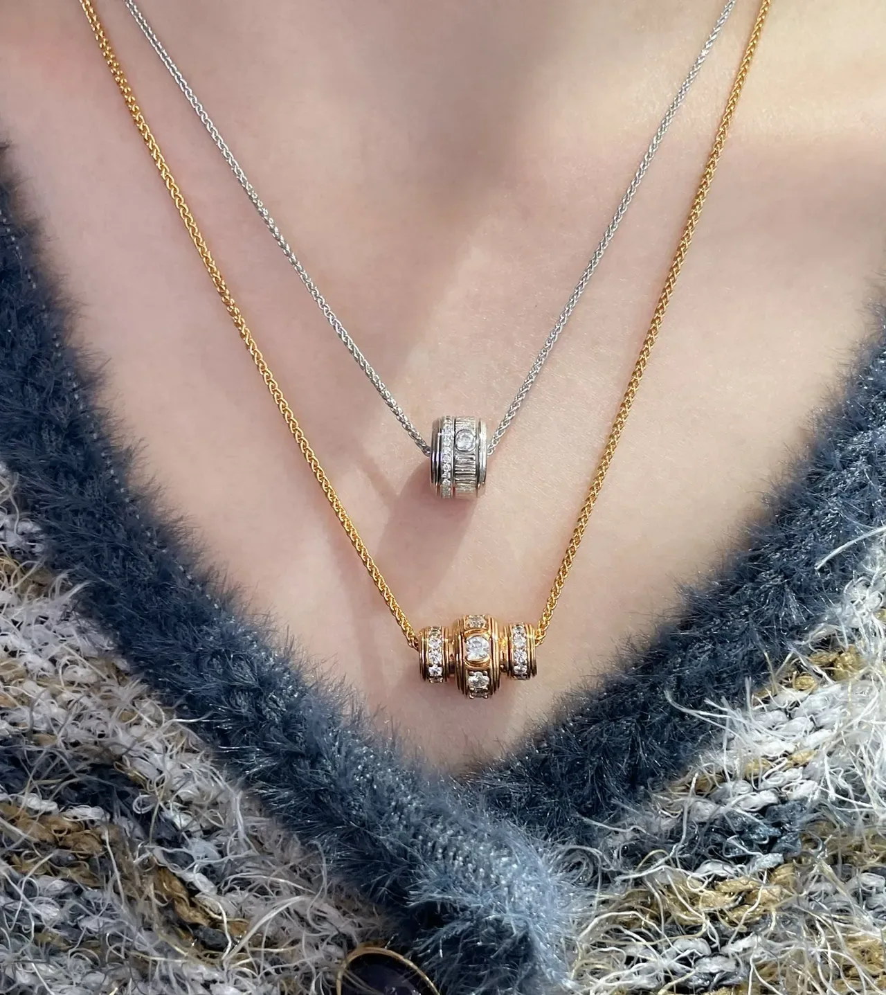 Silver Gold Stacked Cylindrical Pendant Pavé-Set Clear Stones Necklace 8