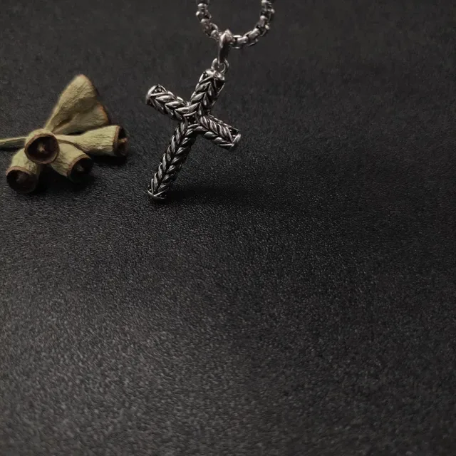Silver Gold Textured Braided Cross Pendant Ball Chain Necklace 7