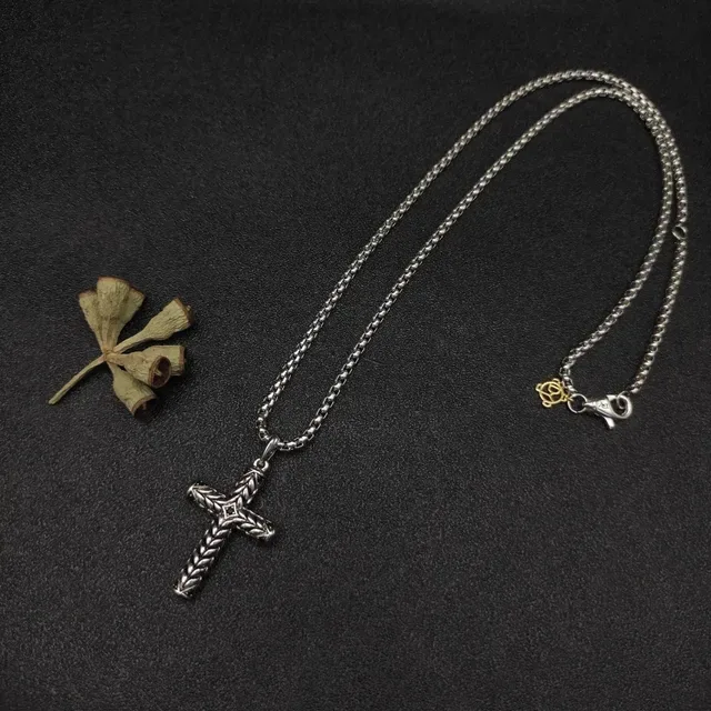Silver Gold Textured Braided Cross Pendant Ball Chain Necklace 8