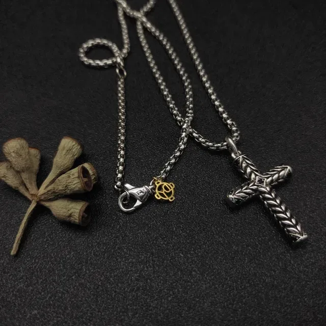 Silver Gold Textured Braided Cross Pendant Ball Chain Necklace 9