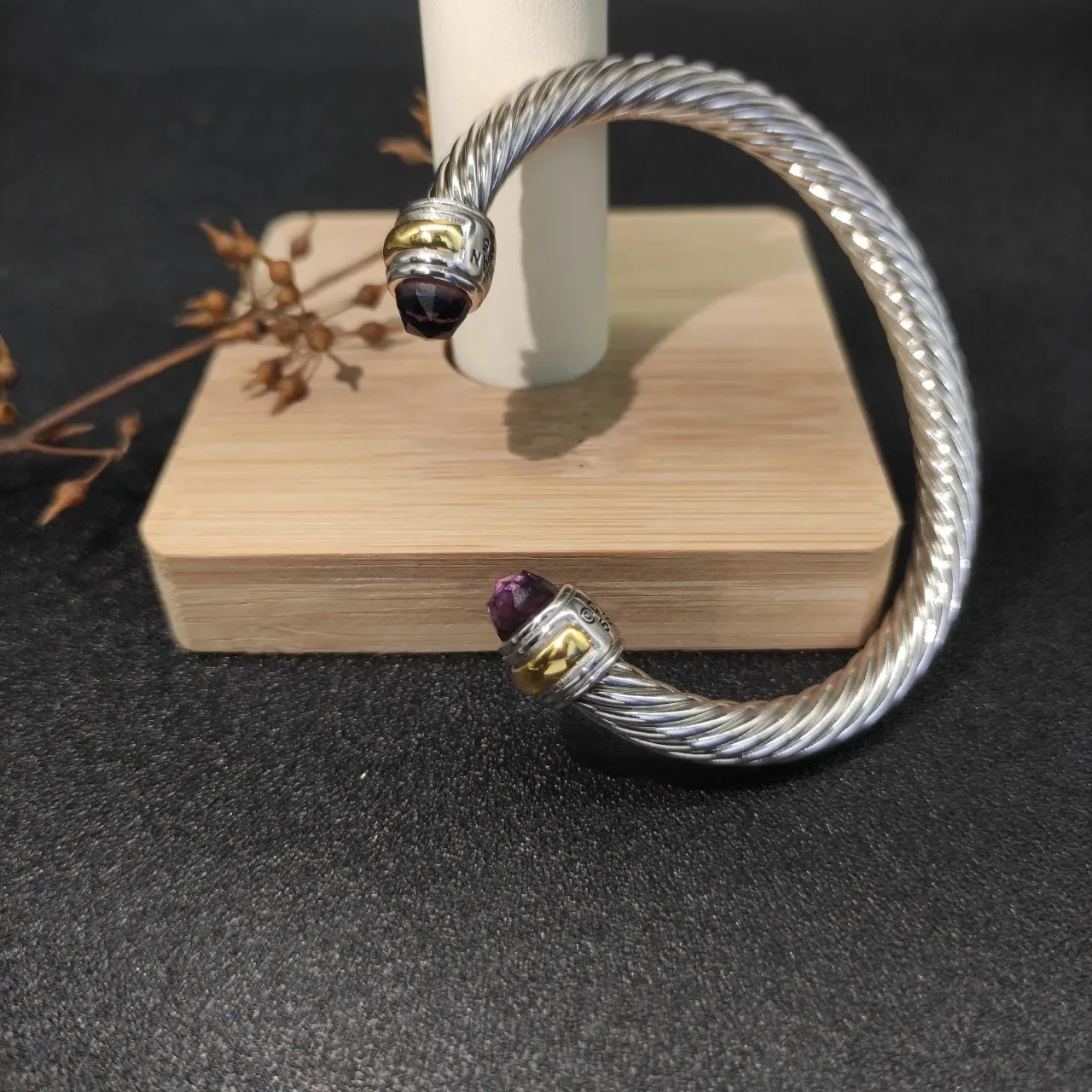 Silver Gold Twisted Cable Faceted Gemstone Terminals Bracelet 8