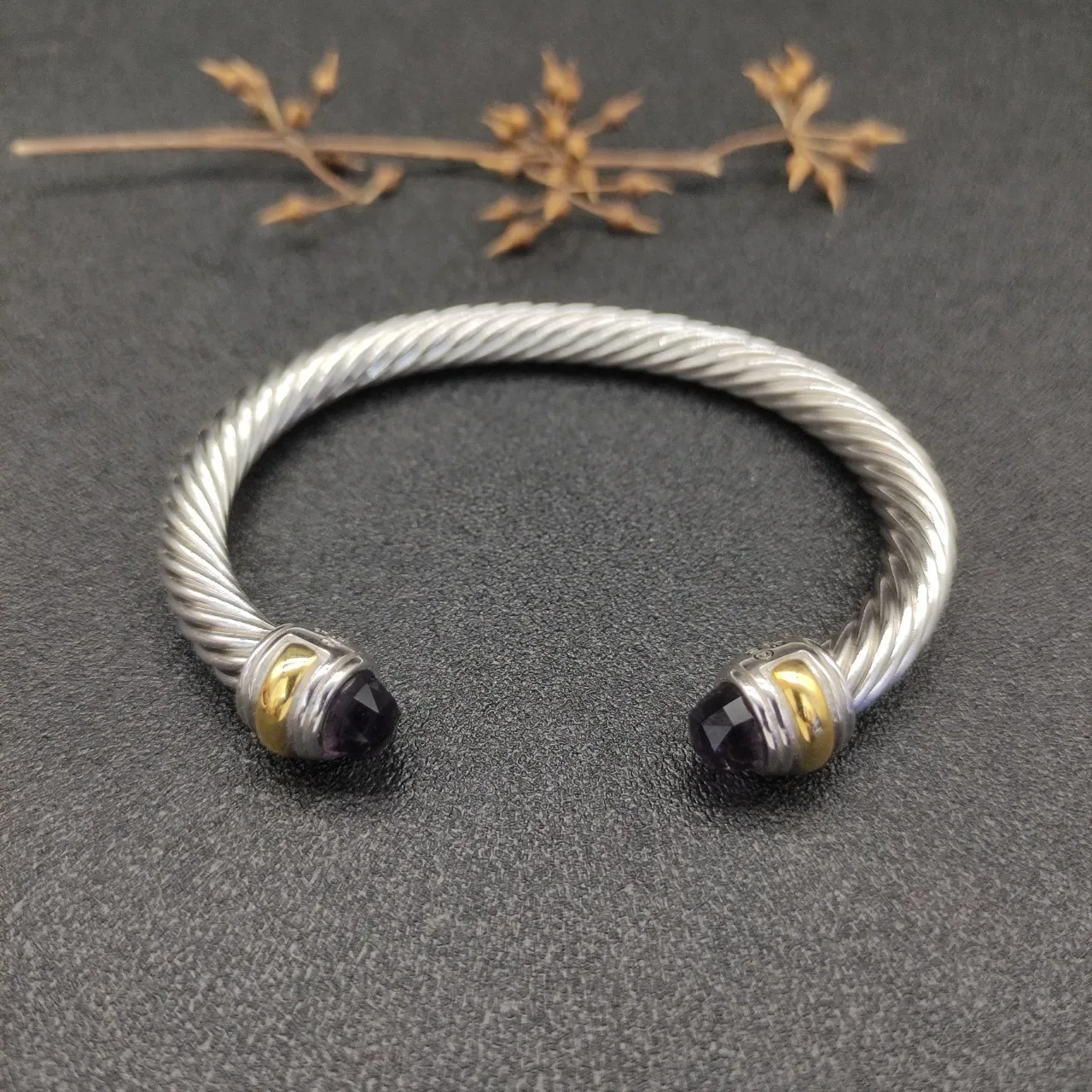 Silver Gold Twisted Cable Faceted Gemstone Terminals Bracelet 9