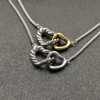 Silver Gold Twisted Rope Motif Interlocking Heart Pendants Necklace