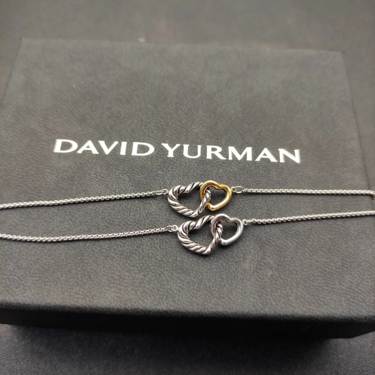Silver Gold Twisted Rope Motif Interlocking Heart Pendants Necklace 2