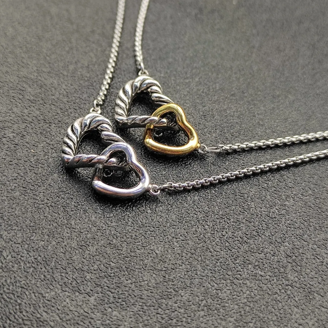 Silver Gold Twisted Rope Motif Interlocking Heart Pendants Necklace 5