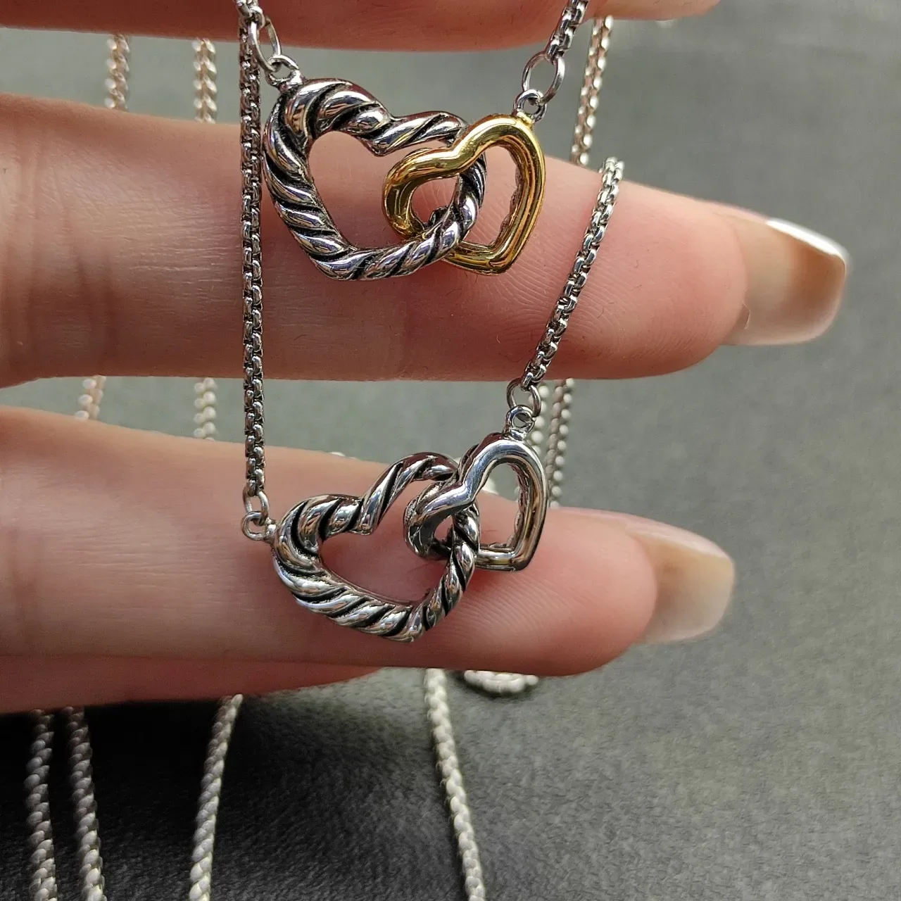 Silver Gold Twisted Rope Motif Interlocking Heart Pendants Necklace 8