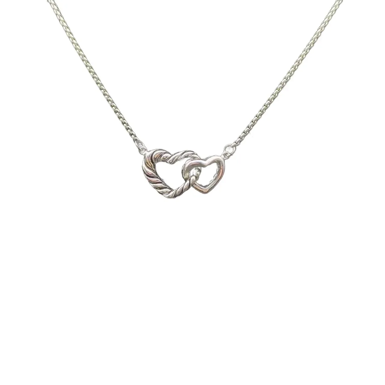 Silver Gold Twisted Rope Motif Interlocking Heart Pendants Necklace 9