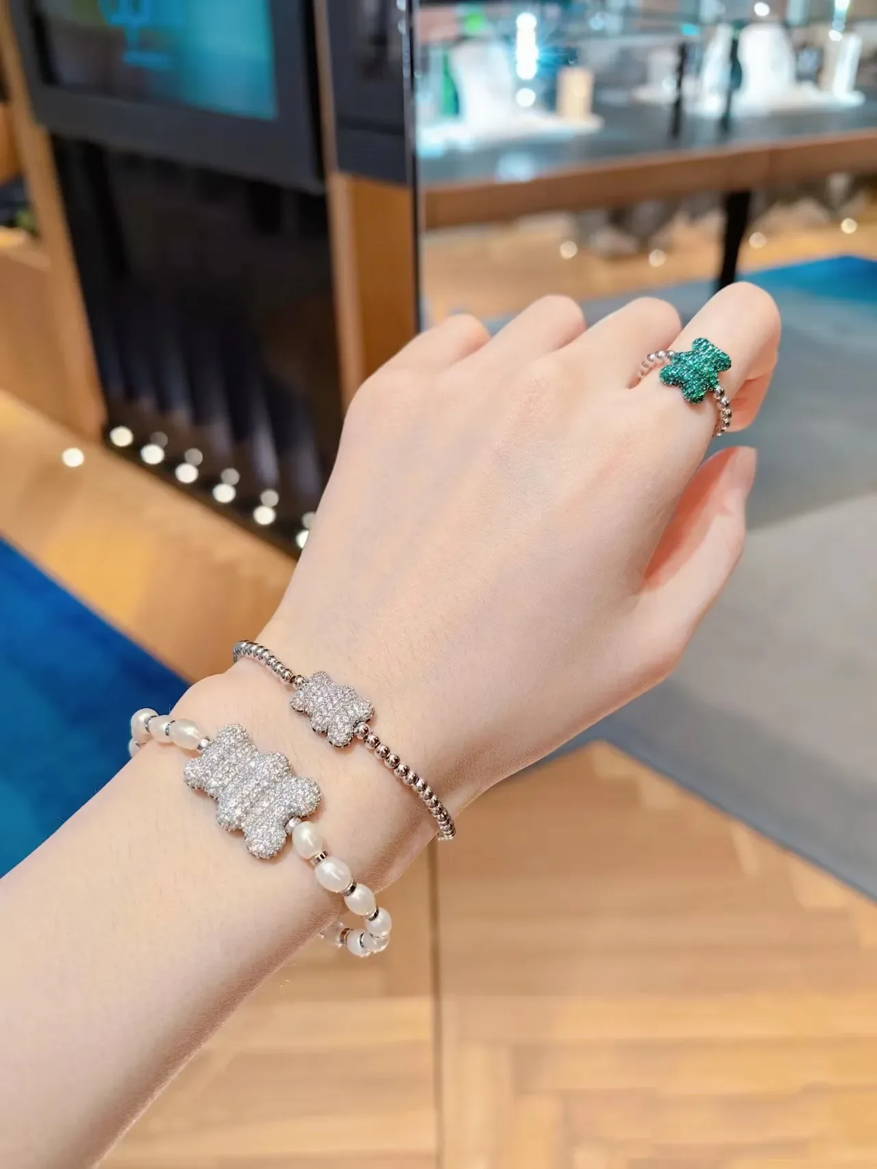 Silver Green Beaded Chain Pavé Charm Bracelet 2
