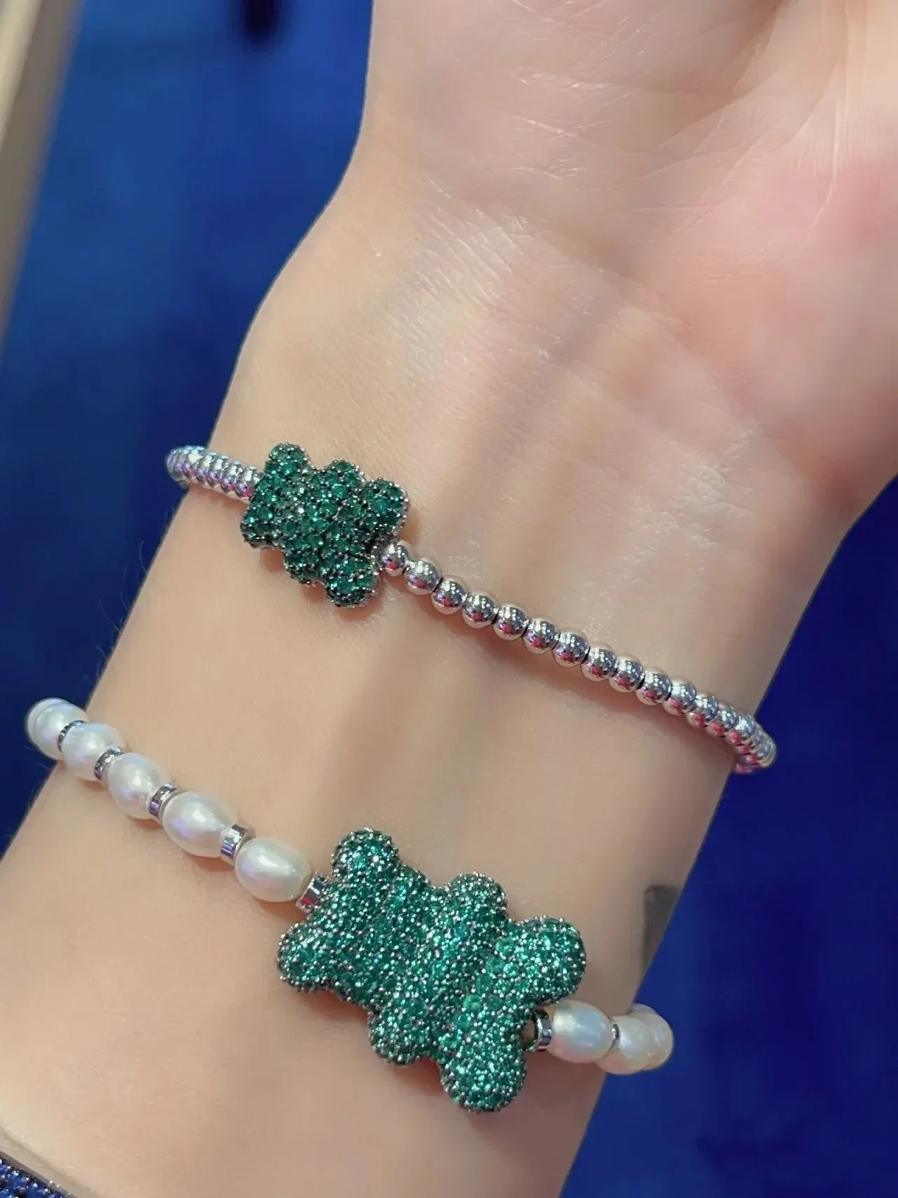 Silver Green Beaded Chain Pavé Charm Bracelet 3