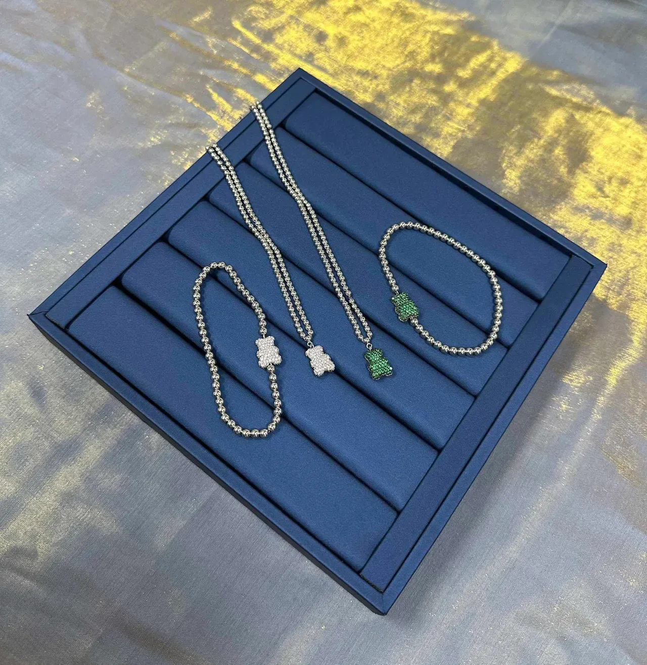 Silver Green Beaded Chain Pavé Charm Bracelet 6